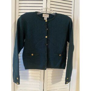 Vintage Talbots PS Wool Green Textured Button Front Cardigan Womens Old Money
